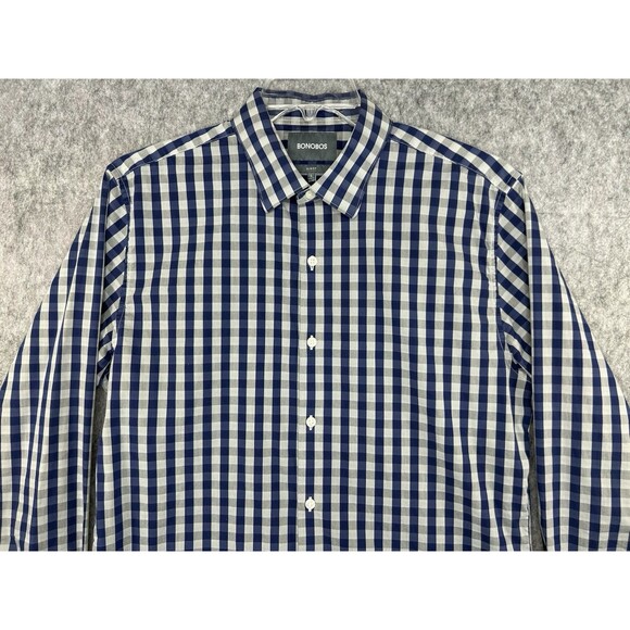 Bonobos Shirt Men Large Slim Fit Button Up Long Sleeve Gray Blue Plaid Check - Picture 4 of 10